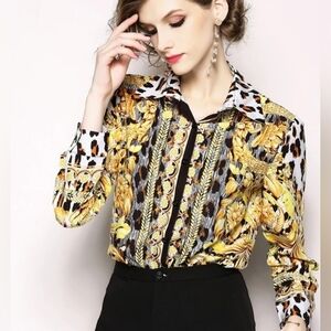 Stylewe Black Yellow Shirt M Button Up Leopard Chain Pattern High Street